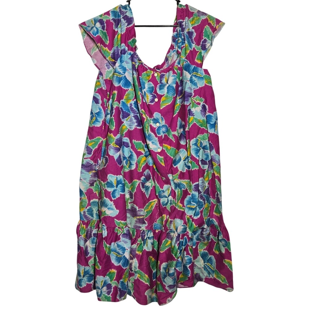 Vintage Hilo Hattie Hawaii Floral Midi Dress XL Ruffle Muumuu Tropical Cruise